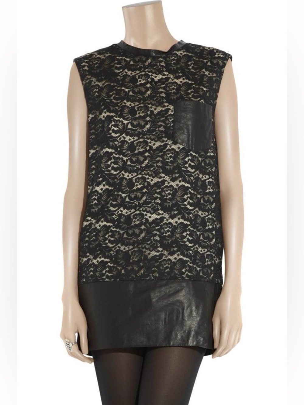 💯Lamb leather 3.1 Phillip Lim Black Lace Sleeveless Tunic with Leather Trim